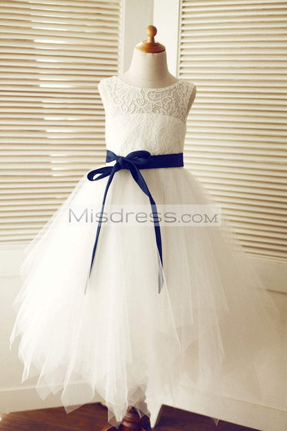 Keyhole Ivory Lace Tulle Wedding Flower Girl Dress/navy Blue Sash - Flower Girl Dresses