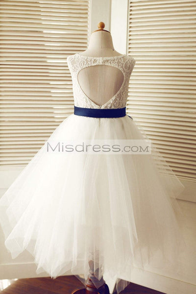 Keyhole Ivory Lace Tulle Wedding Flower Girl Dress/navy Blue Sash - Flower Girl Dresses