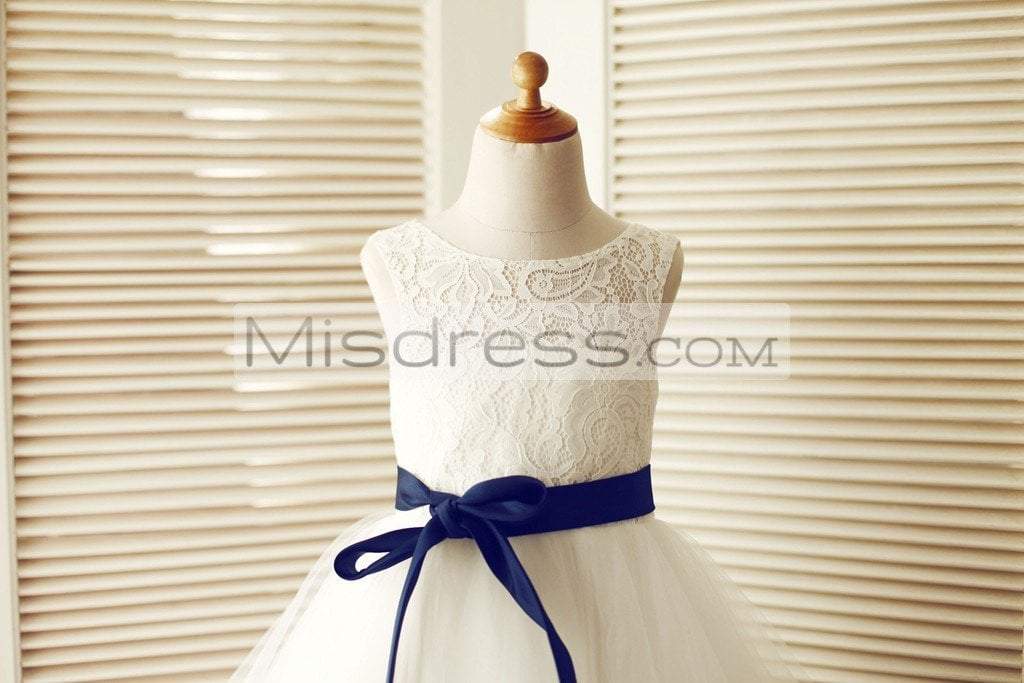 Keyhole Ivory Lace Tulle Wedding Flower Girl Dress/navy Blue Sash - Flower Girl Dresses