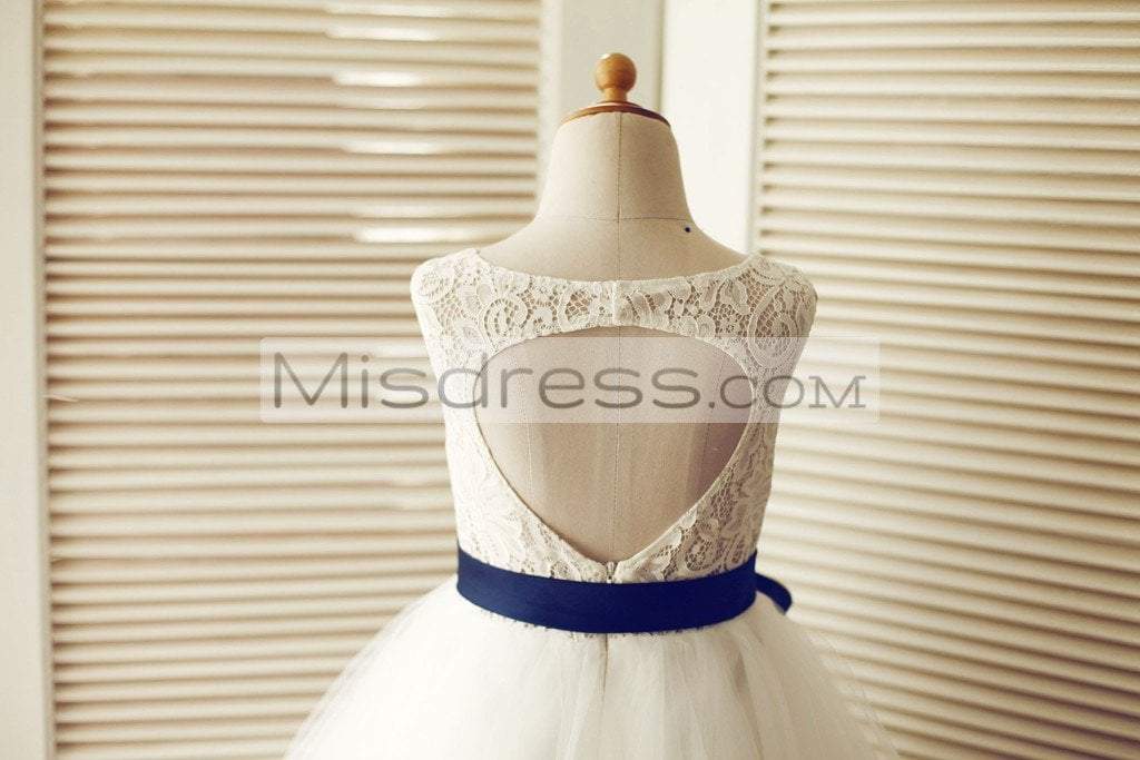 Keyhole Ivory Lace Tulle Wedding Flower Girl Dress/navy Blue Sash - Flower Girl Dresses