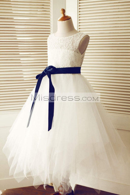 Keyhole Ivory Lace Tulle Wedding Flower Girl Dress/navy Blue Sash - Flower Girl Dresses