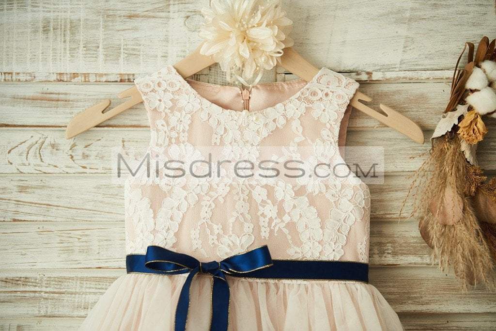 Ivory Lace Tulle Pink Lining Wedding Flower Girl Dress With Navy Blue Sash - Flower Girl Dresses