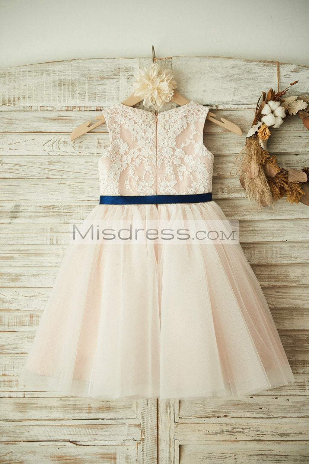 Ivory Lace Tulle Pink Lining Wedding Flower Girl Dress With Navy Blue Sash - Flower Girl Dresses