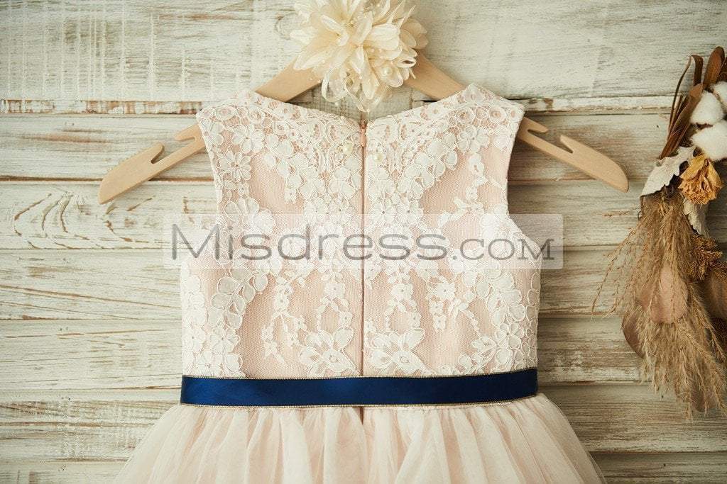 Ivory Lace Tulle Pink Lining Wedding Flower Girl Dress With Navy Blue Sash - Flower Girl Dresses