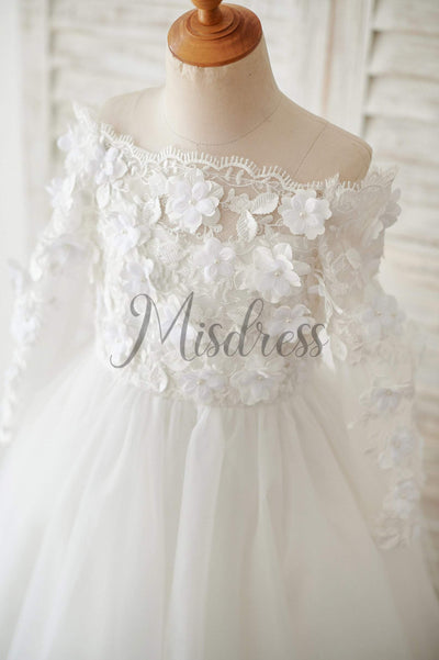 Ivory Lace Tulle Off Shoulder Long Sleeves Wedding Flower Girl Dress with 3D Flowers - Flower Girl Dresses