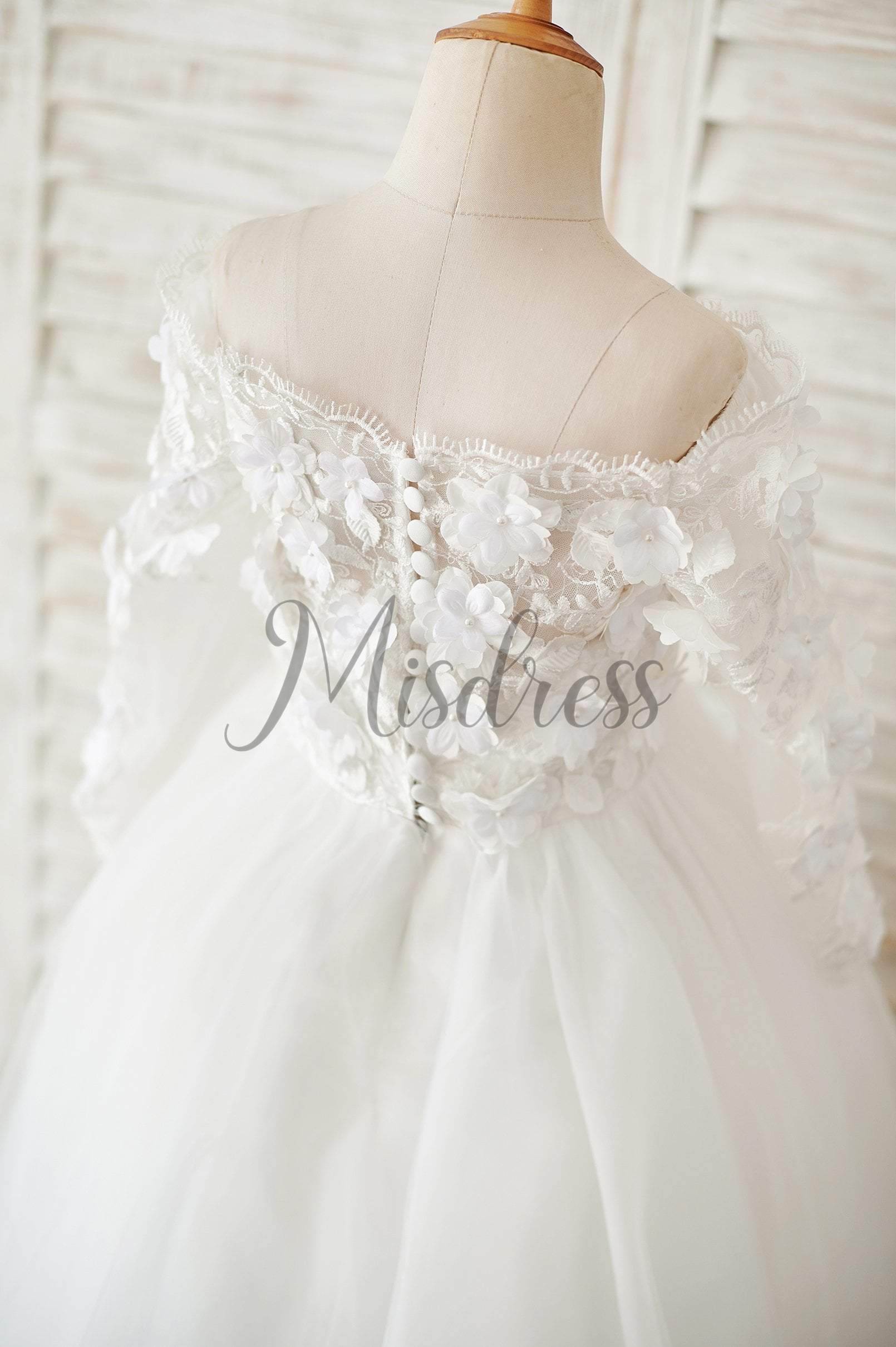 Ivory Lace Tulle Off Shoulder Long Sleeves Wedding Flower Girl Dress with 3D Flowers - Flower Girl Dresses