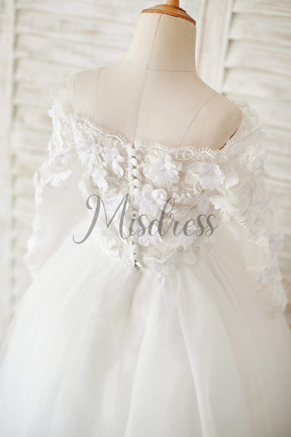 Ivory Lace Tulle Off Shoulder Long Sleeves Wedding Flower Girl Dress with 3D Flowers - Flower Girl Dresses