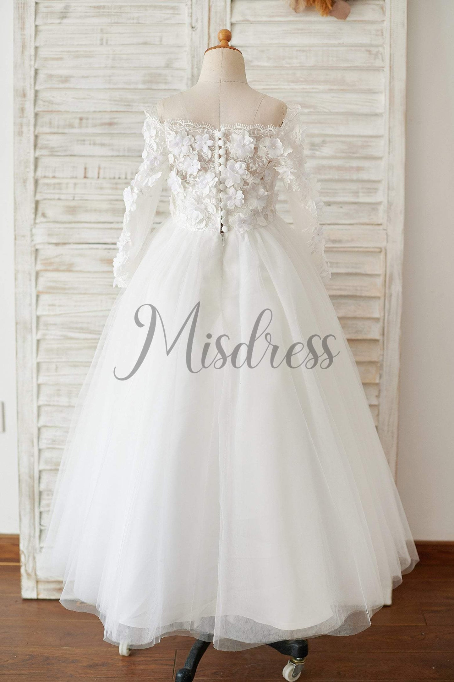 Ivory Lace Tulle Off Shoulder Long Sleeves Wedding Flower Girl Dress with 3D Flowers - Flower Girl Dresses