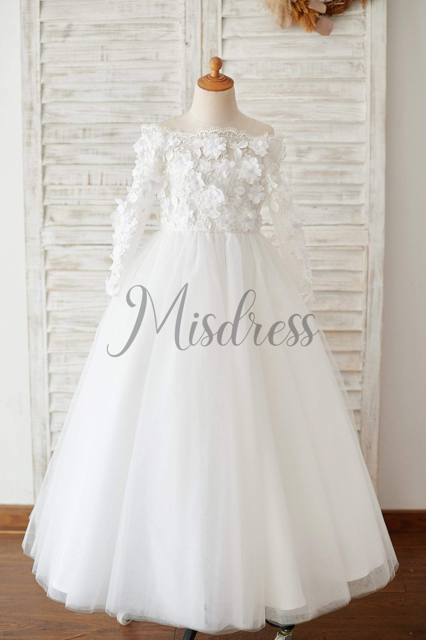 Ivory Lace Tulle Off Shoulder Long Sleeves Wedding Flower Girl Dress with 3D Flowers - Flower Girl Dresses