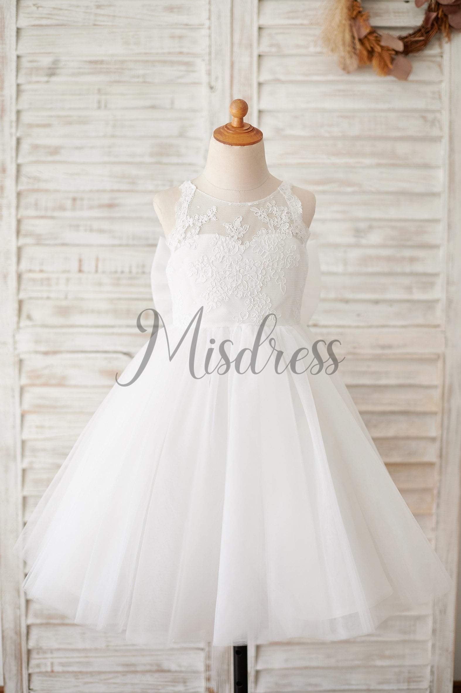 Ivory Lace Tulle Spaghetti straps Halter Neck Wedding Flower Girl Dress with Bow - Flower Girl Dresses