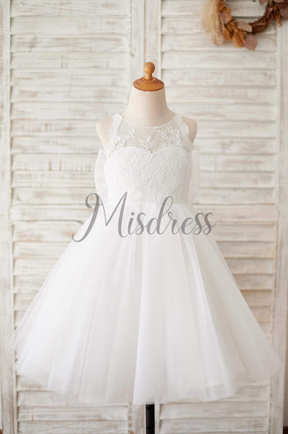 Ivory Lace Tulle Spaghetti straps Halter Neck Wedding Flower Girl Dress with Bow - Flower Girl Dresses
