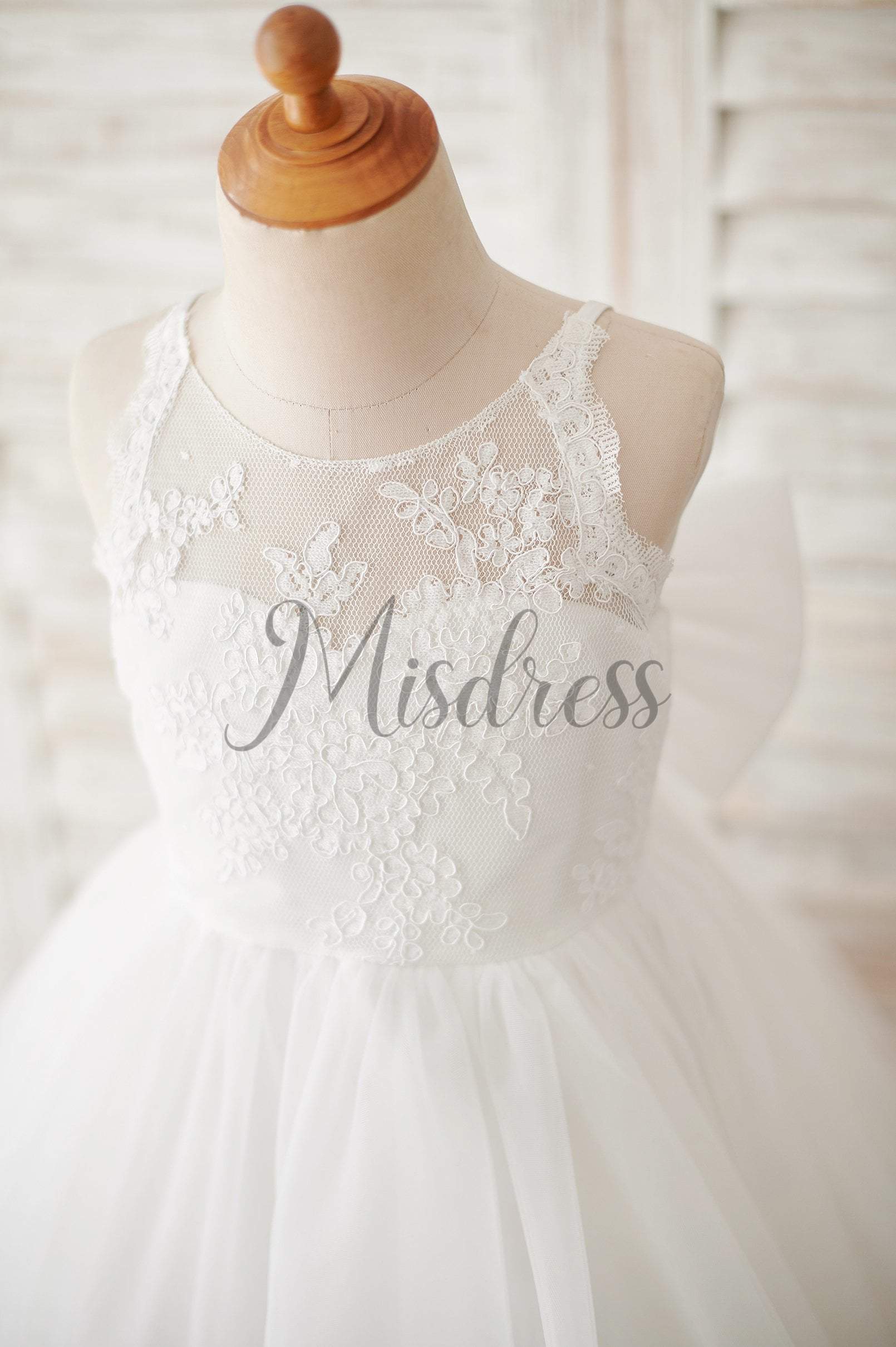 Ivory Lace Tulle Spaghetti straps Halter Neck Wedding Flower Girl Dress with Bow - Flower Girl Dresses