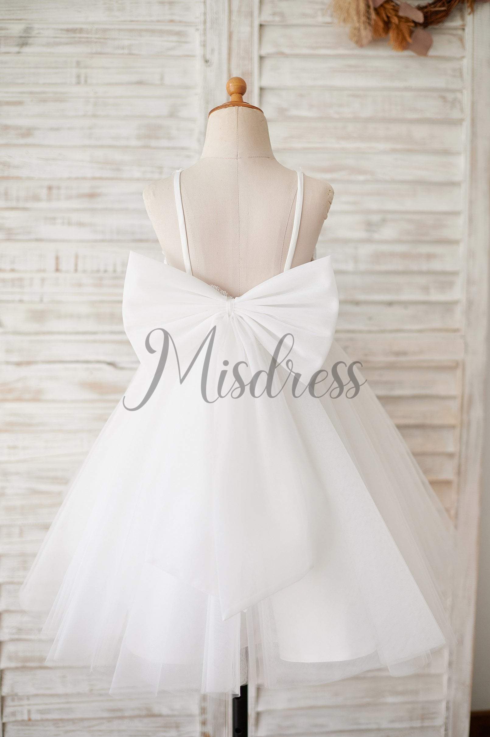 Ivory Lace Tulle Spaghetti straps Halter Neck Wedding Flower Girl Dress with Bow - Flower Girl Dresses
