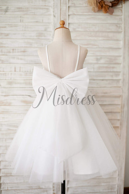 Ivory Lace Tulle Spaghetti straps Halter Neck Wedding Flower Girl Dress with Bow - Flower Girl Dresses