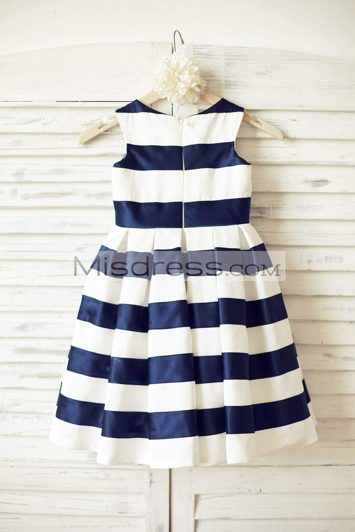 Ivory Navy Blue Stripes Taffeta Flower Girl Dress (Bow) - Flower Girl Dresses