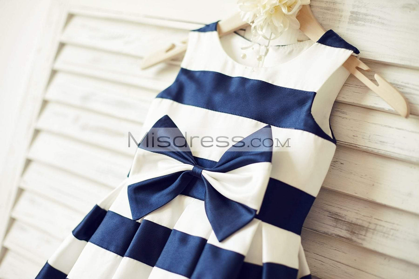 Ivory Navy Blue Stripes Taffeta Flower Girl Dress (Bow) - Flower Girl Dresses