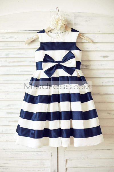 Ivory Navy Blue Stripes Taffeta Flower Girl Dress (Bow) - Flower Girl Dresses