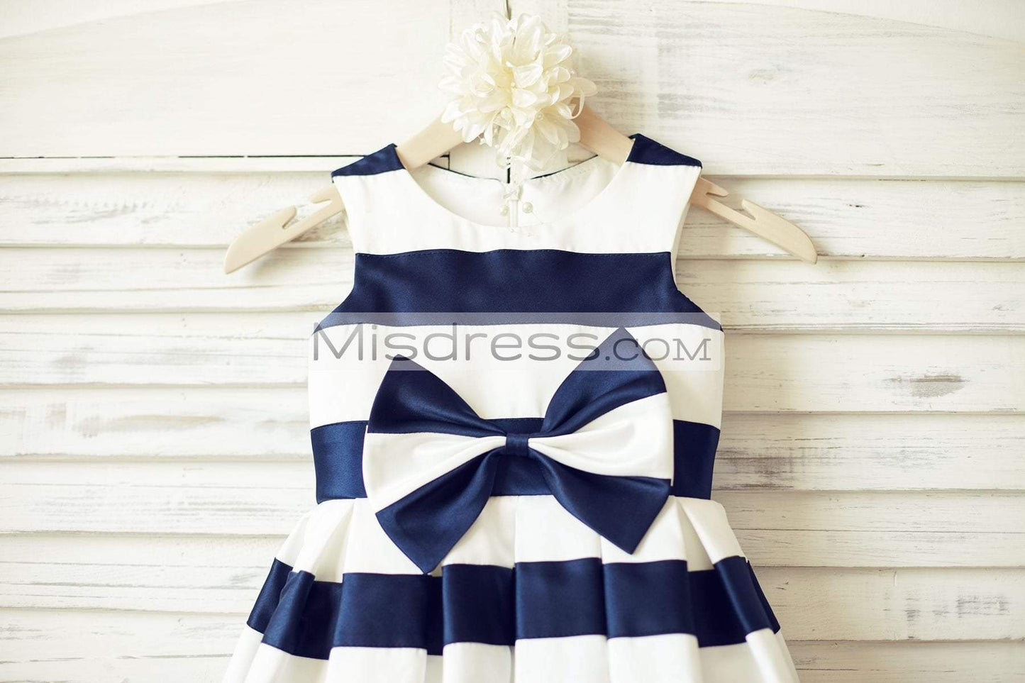 Ivory Navy Blue Stripes Taffeta Flower Girl Dress (Bow) - Flower Girl Dresses