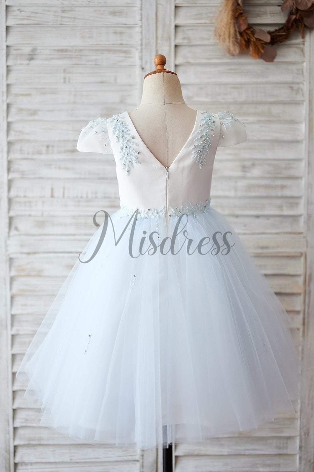 Ivory Satin Blue Tulle Cap Sleeves V Back Beaded Wedding Flower Girl Dress - Flower Girl Dresses