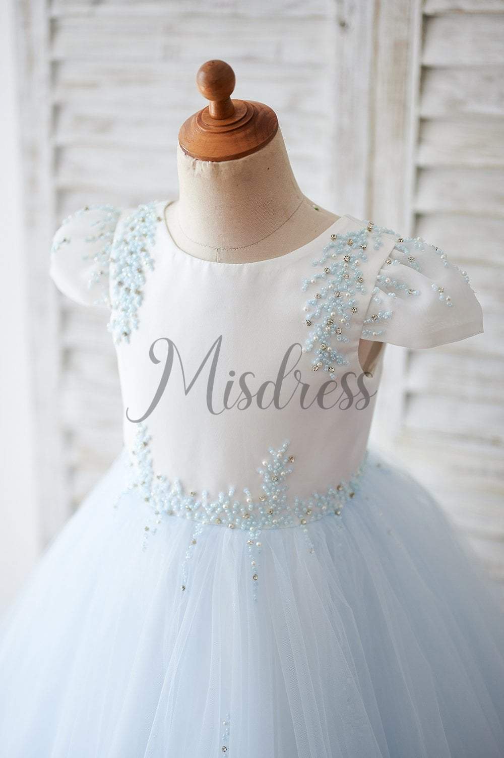 Ivory Satin Blue Tulle Cap Sleeves V Back Beaded Wedding Flower Girl Dress - Flower Girl Dresses