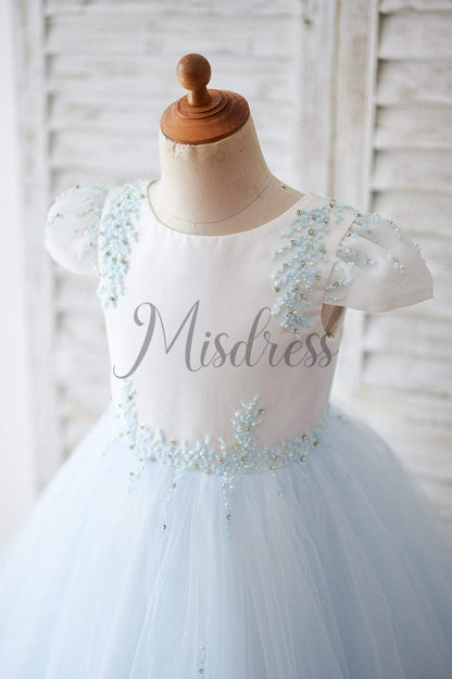 Ivory Satin Blue Tulle Cap Sleeves V Back Beaded Wedding Flower Girl Dress - Flower Girl Dresses