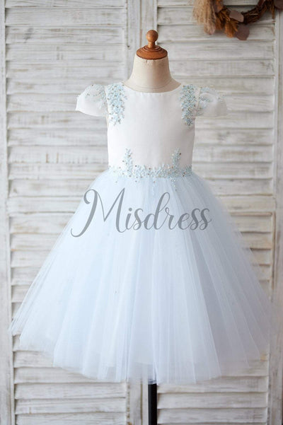 Ivory Satin Blue Tulle Cap Sleeves V Back Beaded Wedding Flower Girl Dress - Flower Girl Dresses