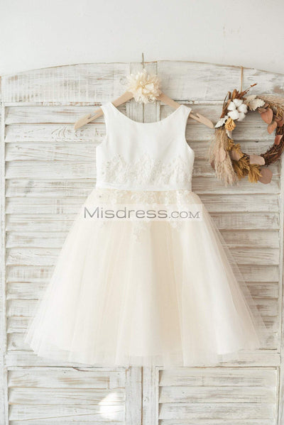 Ivory Satin Champagne Tulle Wedding Flower Girl Dress with Ivory Beaded Lace - Flower Girl Dresses