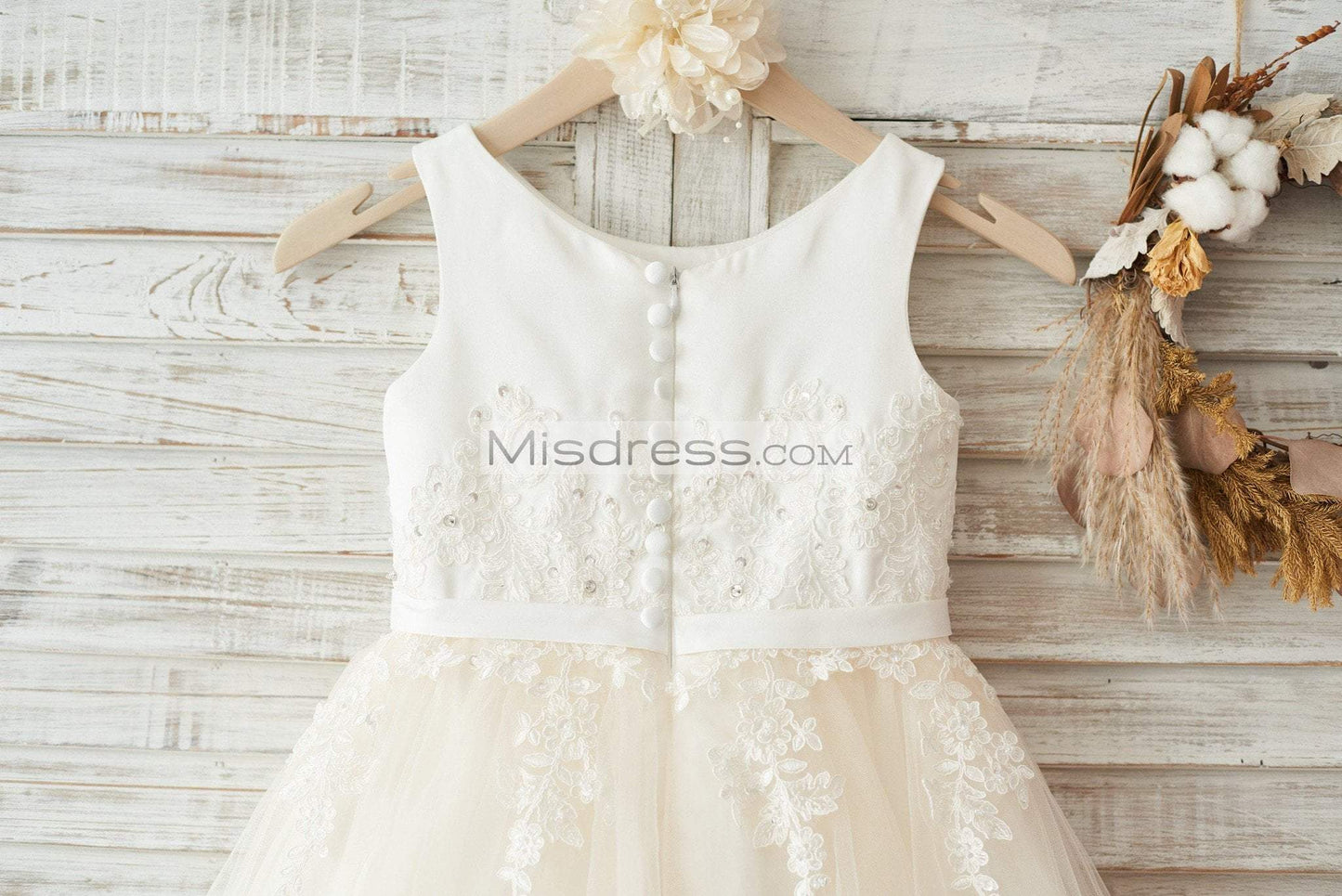 Ivory Satin Champagne Tulle Wedding Flower Girl Dress with Ivory Beaded Lace - Flower Girl Dresses