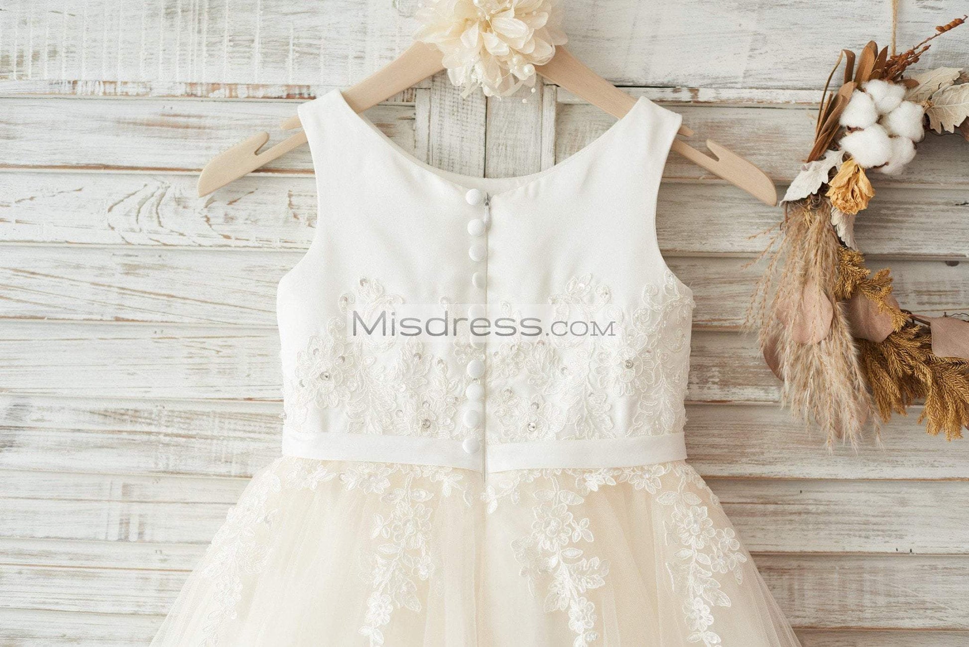 Ivory Satin Champagne Tulle Wedding Flower Girl Dress with Ivory Beaded Lace - Flower Girl Dresses