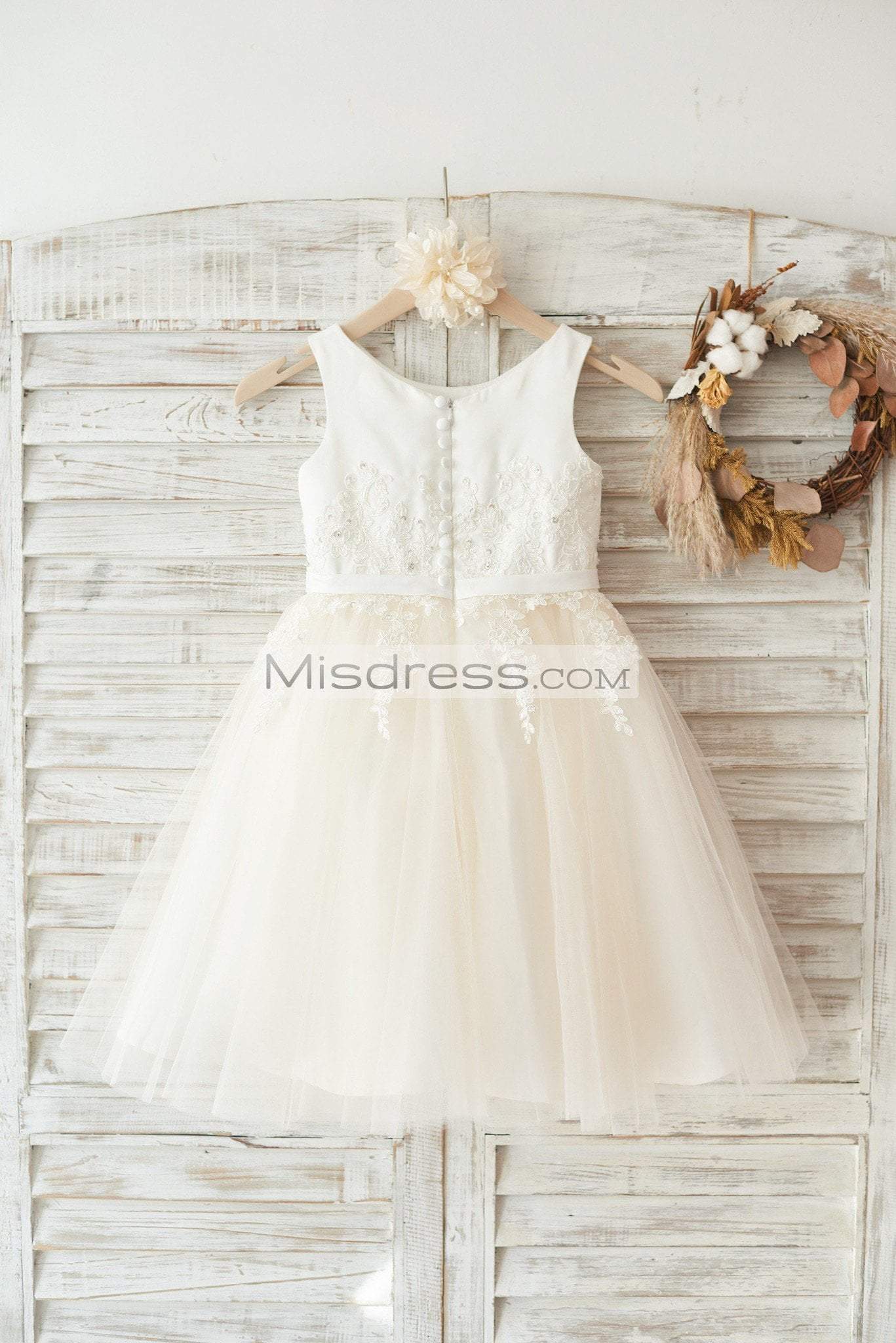 Ivory Satin Champagne Tulle Wedding Flower Girl Dress with Ivory Beaded Lace - Flower Girl Dresses