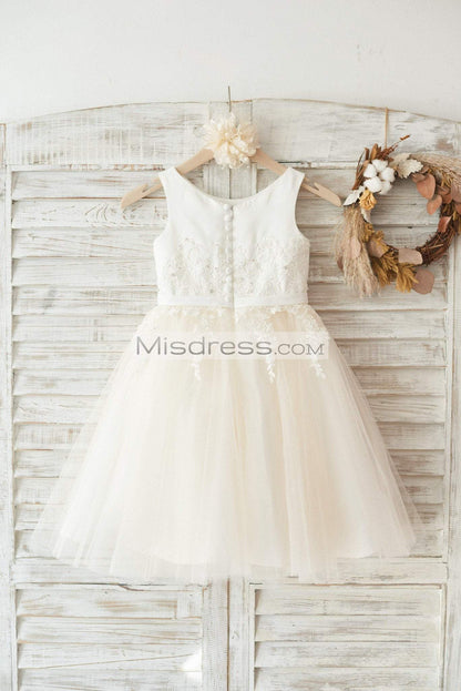 Ivory Satin Champagne Tulle Wedding Flower Girl Dress with Ivory Beaded Lace - Flower Girl Dresses