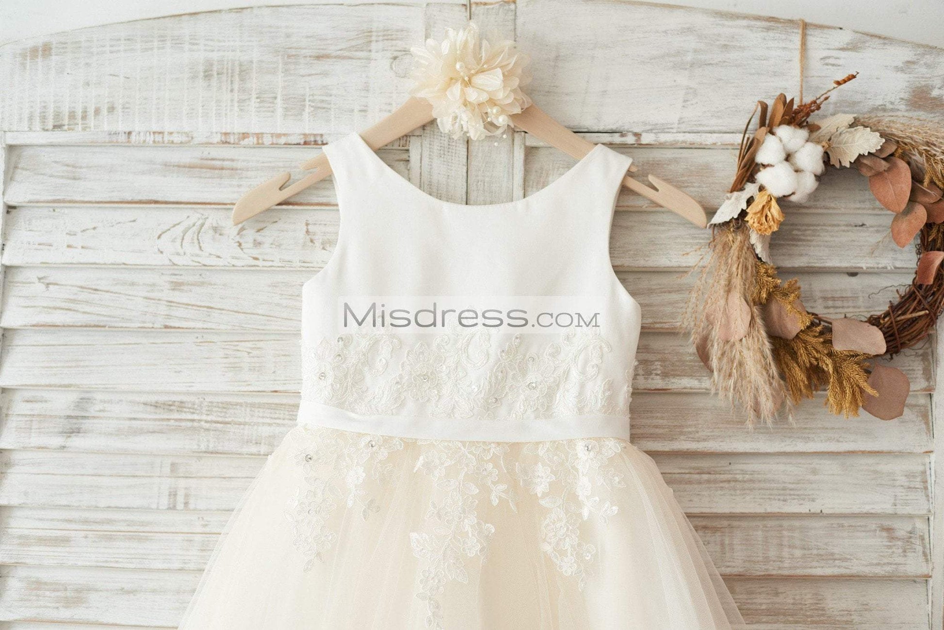 Ivory Satin Champagne Tulle Wedding Flower Girl Dress with Ivory Beaded Lace - Flower Girl Dresses