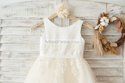 Ivory Satin Champagne Tulle Wedding Flower Girl Dress with Ivory Beaded Lace - Flower Girl Dresses