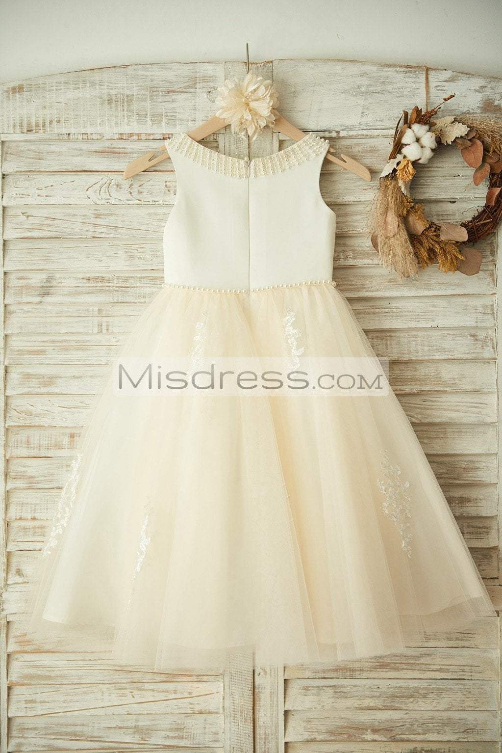 Ivory Satin Lace Champagne Tulle Wedding Flower Girl Dress, Pearls 6T --- Chest = 25 inches/ Waist = 24 inches/ Hollow to mid-calf = 33 inches Ivory Satin Lace Champagne Tulle Wedding Flower Girl Dress, Pearls 6T --- Chest = 25 inches/ Waist = 24 inches/ Hollow to mid-calf = 33 inches