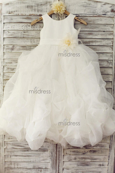 Ivory Satin Organza Ruffle Ball Gown Princess Flower Girl Dress with Feather Flower - Flower Girl Dresses