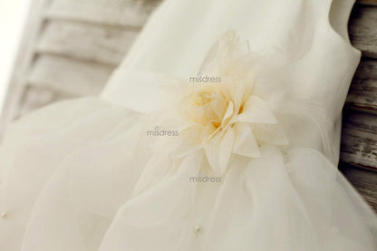 Ivory Satin Organza Ruffle Ball Gown Princess Flower Girl Dress with Feather Flower - Flower Girl Dresses