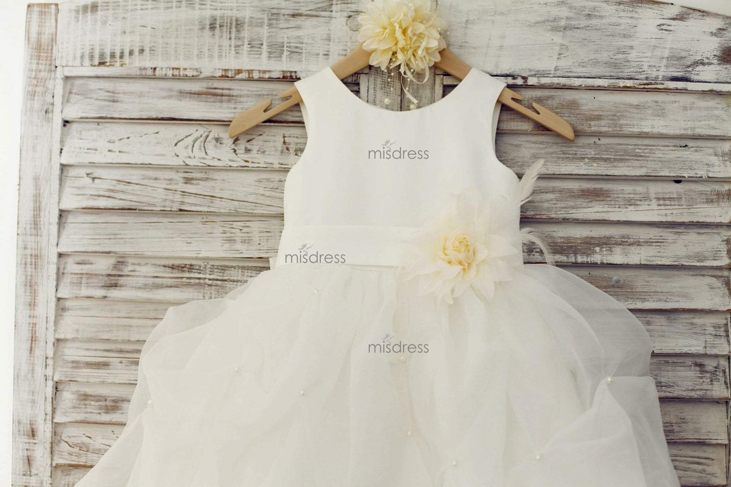 Ivory Satin Organza Ruffle Ball Gown Princess Flower Girl Dress with Feather Flower - Flower Girl Dresses