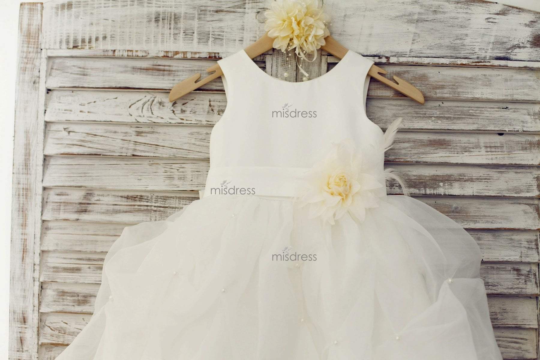 Ivory Satin Organza Ruffle Ball Gown Princess Flower Girl Dress with Feather Flower - Flower Girl Dresses