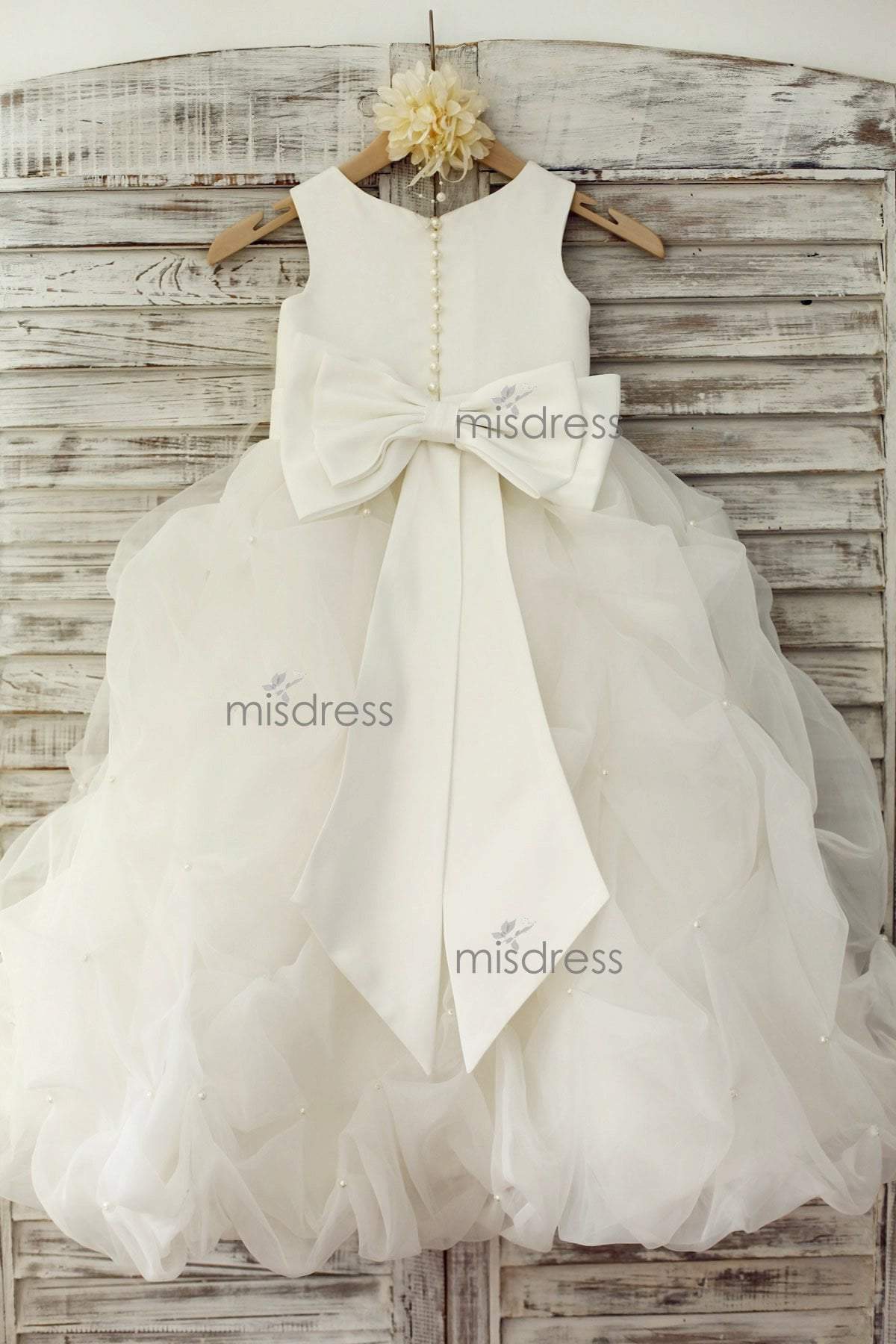 Ivory Satin Organza Ruffle Ball Gown Princess Flower Girl Dress with Feather Flower - Flower Girl Dresses