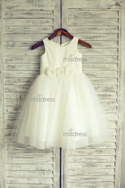 Ivory Satin Tulle Flower Girl Dress Baby Girl Dress With Flowers Sash - Flower Girl Dresses