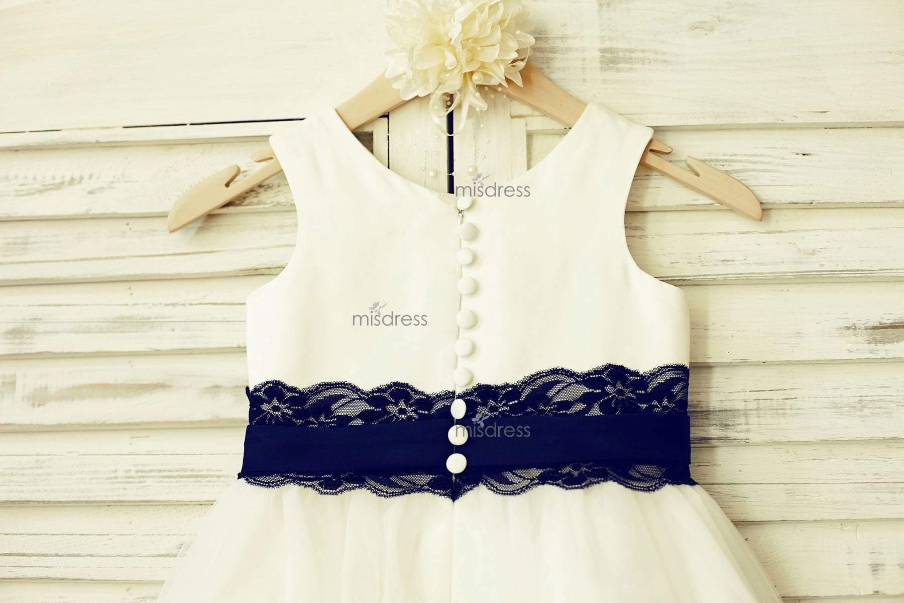 Ivory Satin Tulle Flower Girl Dress, Navy Blue Lace Sash| Misdress