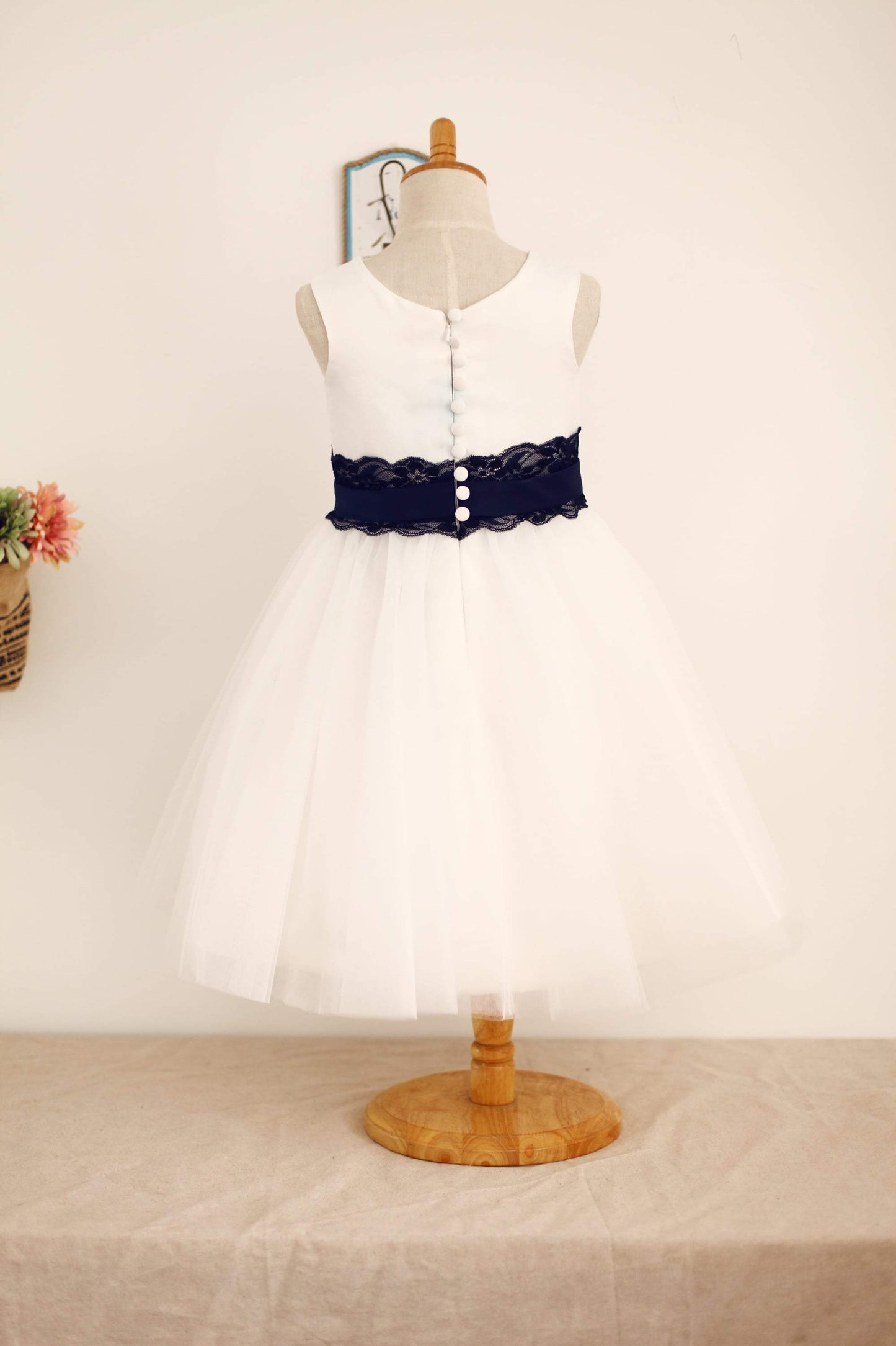Ivory Satin Tulle Flower Girl Dress with navy blue Lace sash - Flower Girl Dresses