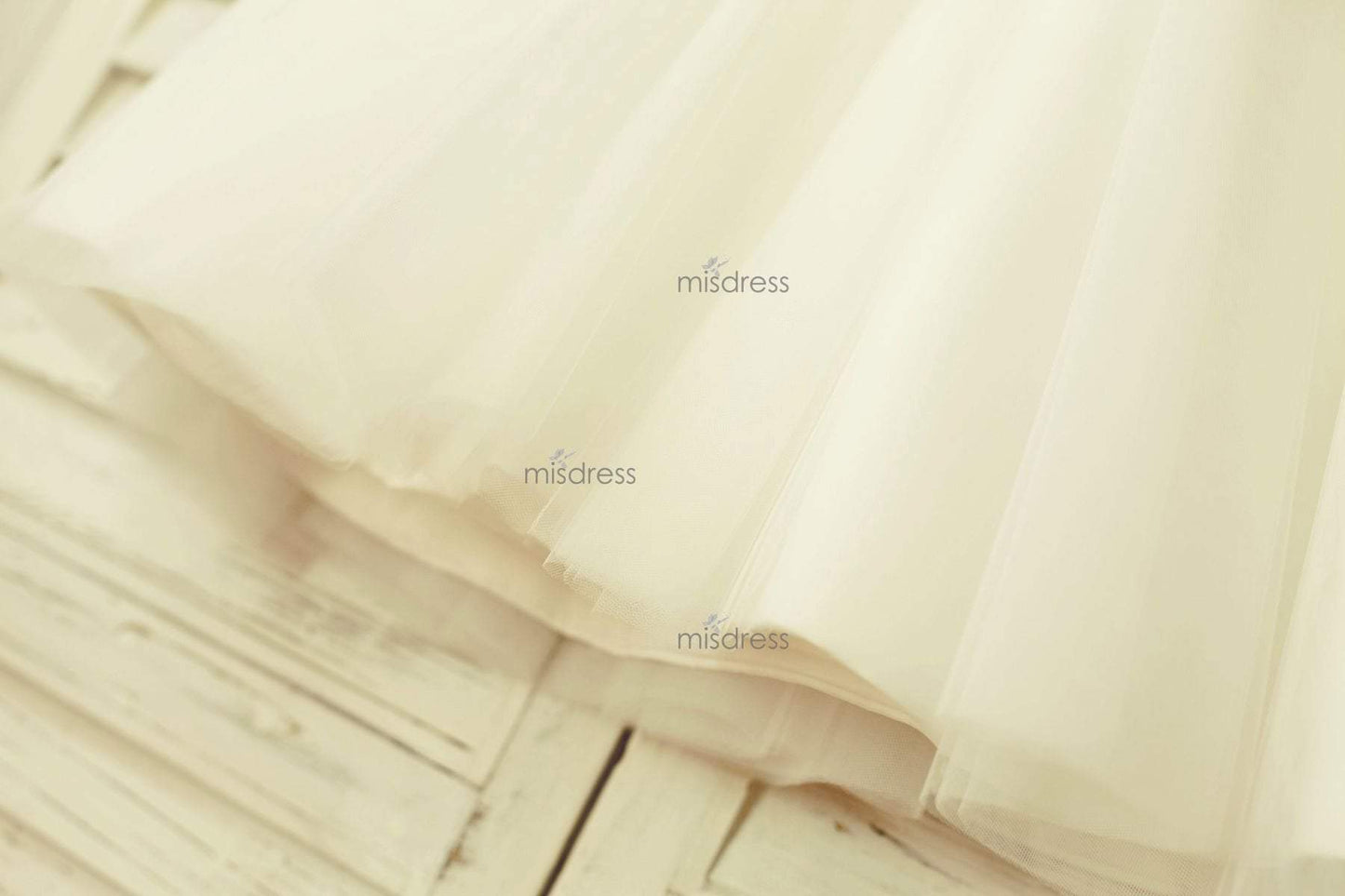 Ivory Satin Tulle Flower Girl Dress With Navy Blue Lace Sash - Flower Girl Dresses