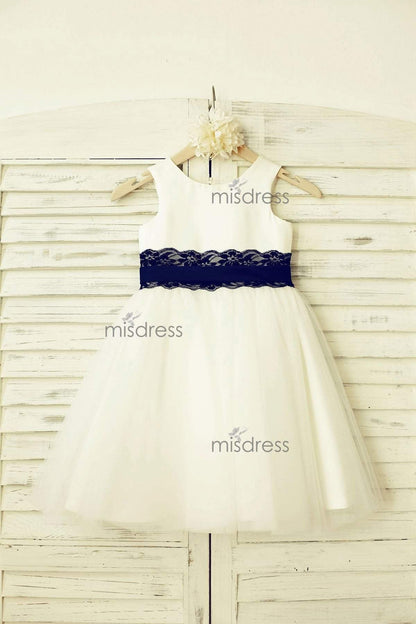 Ivory Satin Tulle Flower Girl Dress With Navy Blue Lace Sash - Flower Girl Dresses
