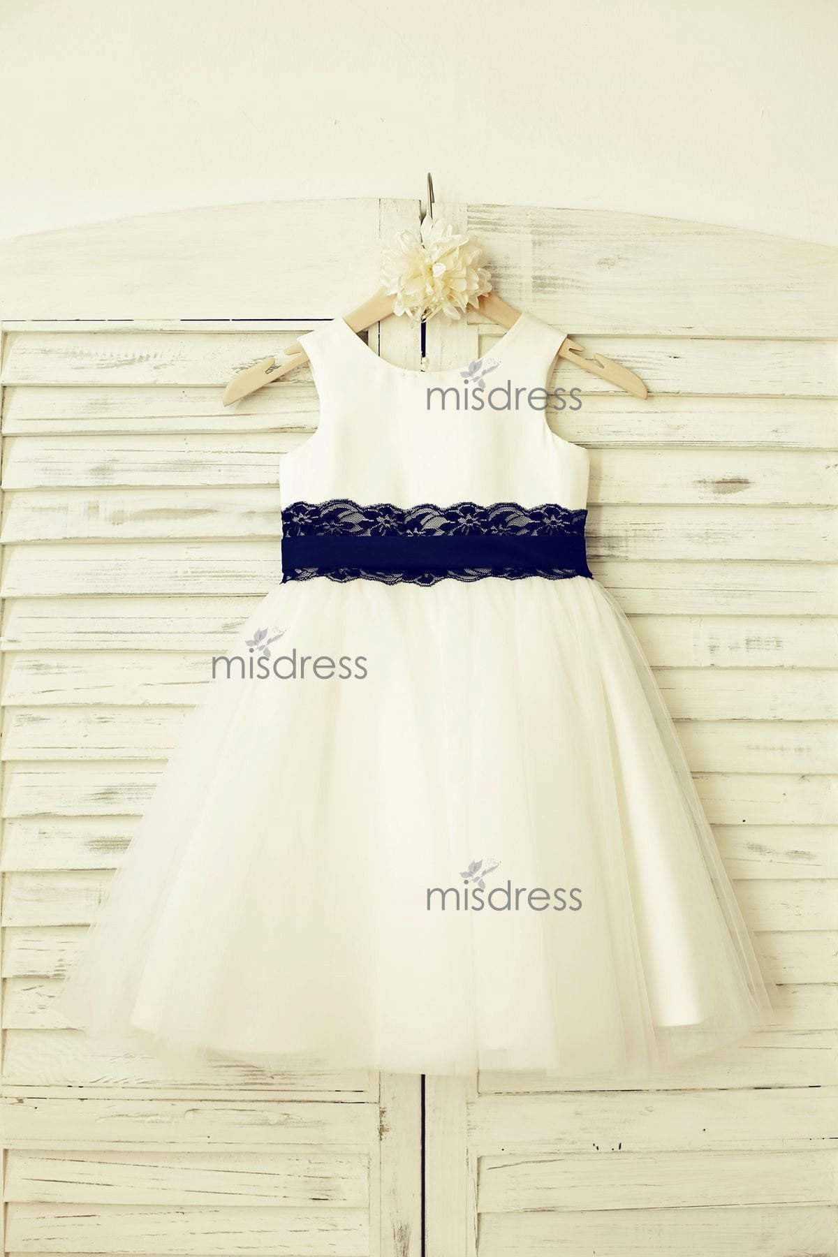 Ivory Satin Tulle Flower Girl Dress, Navy Blue Lace Sash| Misdress