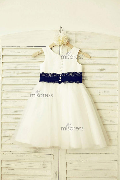 Ivory Satin Tulle Flower Girl Dress With Navy Blue Lace Sash - Flower Girl Dresses