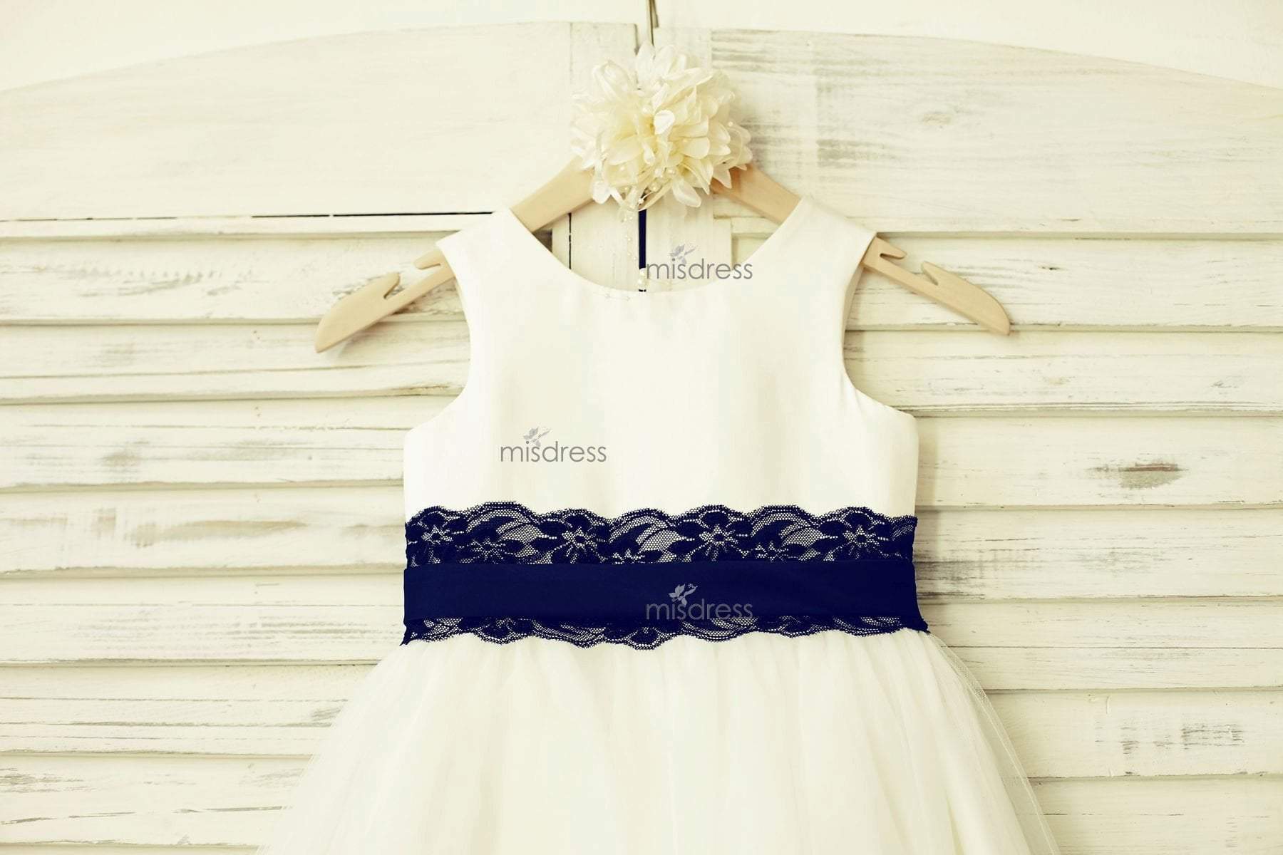 Ivory Satin Tulle Flower Girl Dress With Navy Blue Lace Sash - Flower Girl Dresses