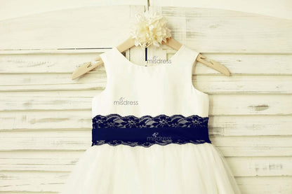 Ivory Satin Tulle Flower Girl Dress With Navy Blue Lace Sash - Flower Girl Dresses