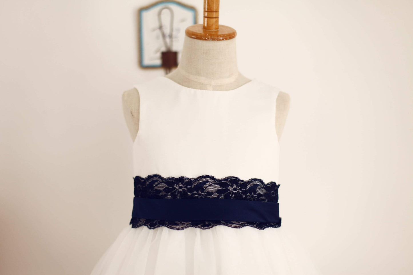 Ivory Satin Tulle Flower Girl Dress with navy blue Lace sash - Flower Girl Dresses