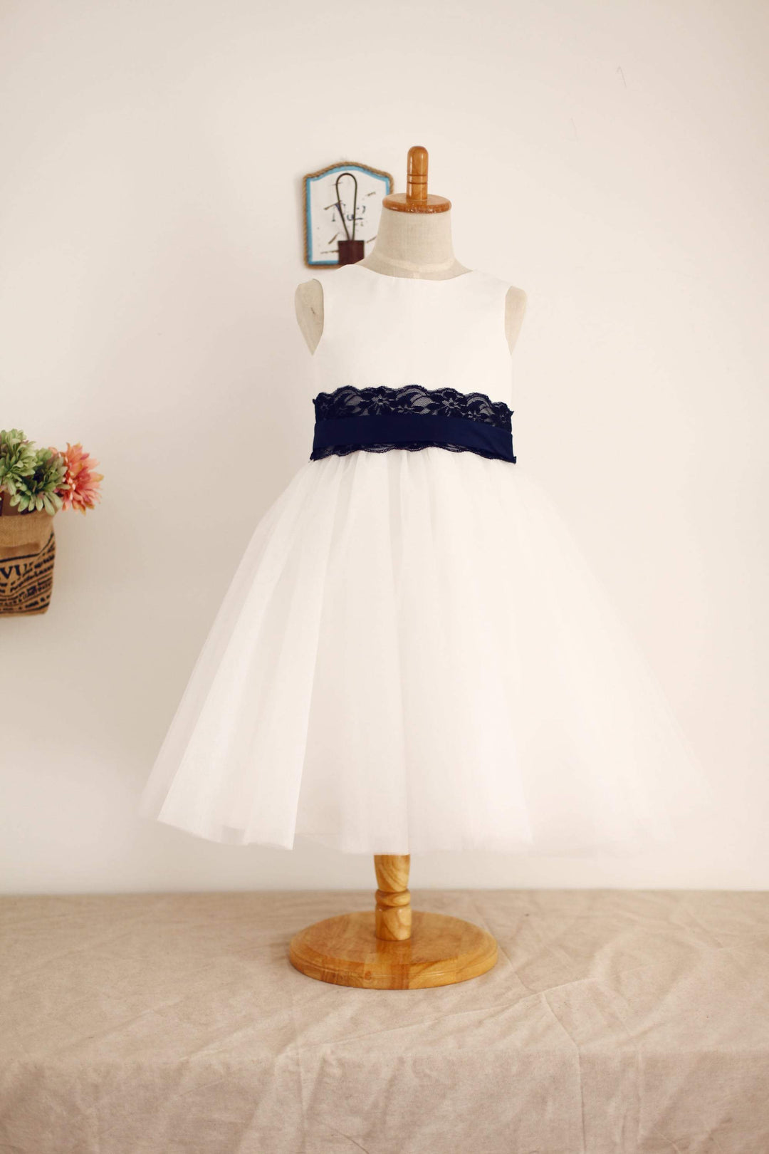 Ivory Satin Tulle Flower Girl Dress, Navy Blue Lace Sash 9T --- Chest = 28 inches/ Waist = 27 inches/ Hollow to knee = 28.5 inches
